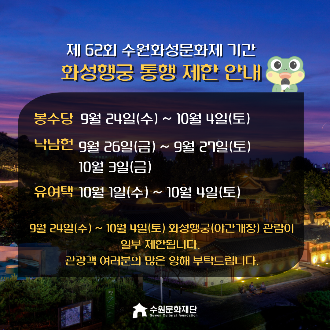 제 62회 수원화성문화제 기간 화성행궁 통행제한안내 봉수당 9월 24일(수) ~ 10월 4일(토) 낙남헌 9월 26일(금) ~ 9월 27일(토) / 10월 3일(금) 유여택 10월 1일(수) ~ 10월 4일(토) 9월 24일(수) ~ 10월 4일(토) 화성행궁(야간개장) 관람이 일부 제한됩니다. 관광객 여러분의 많은 양해부탁드립니다.