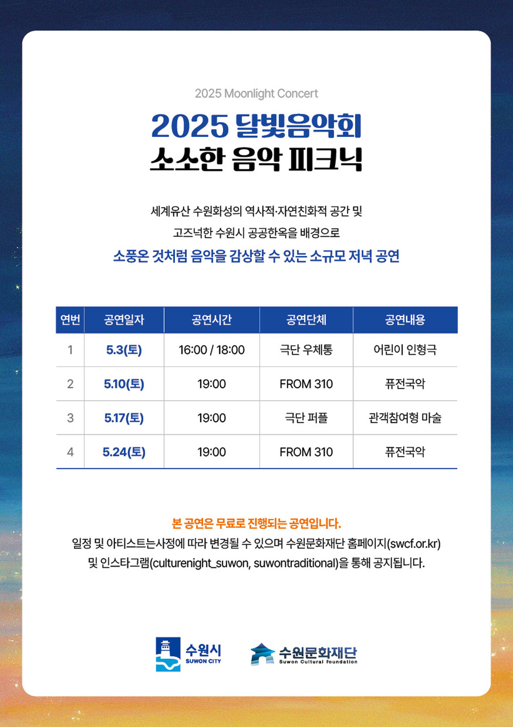 2025moonlight Concert 2025 달빛음악회 소소한 음악 피크닉 세계유산 수원화성의 역사적, 자연친화적 공간 및 고즈넉한 수원시 공공한옥을 배경으로 소풍온 것처럼 음악을 감상할 수 있는 소규모 저녁 공연  공연 상세표 공연에 대한 연번, 공연일자, 공연시간, 공연단체, 공연내용입니다. 5.3(토) 16:00/18:00 극단 우체통 어린이 인형극 5.10(토) 19:00 FROM 310 퓨전국악 5.17(토) 19:00 극단 퍼플 관객참여형 마술 5.24(토) 19:00 FROM 310 퓨전국악 본 공연은 무료로 진행되는 공연입니다. 일정 및 아티스트는 사정에 따라 변경될 수 있으며 수원문화재단(swcf.or.kr) 및 인스타그램(culturenight_suwon, suwontraditional)을 통해 공지됩니다. 수원시 수원문화재단