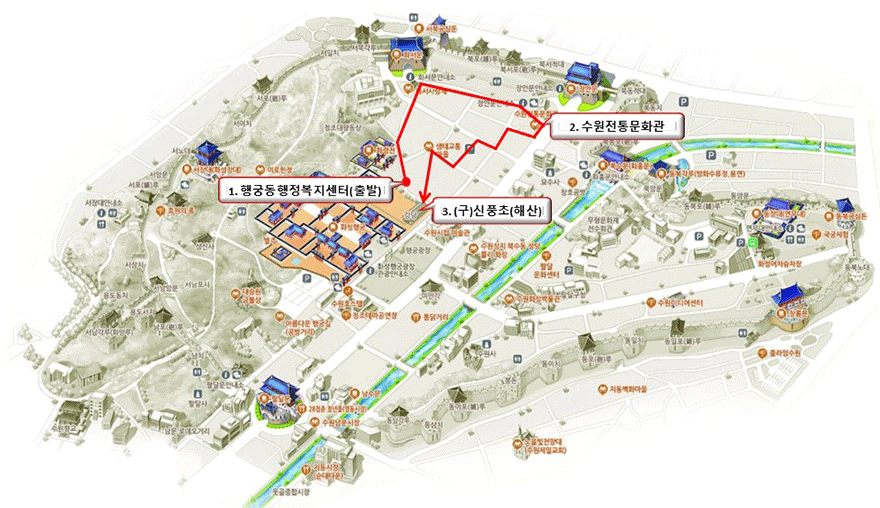 1코스 1. 행궁동 행정복지센터(출발), 2. 수원전통문화관, 3. (구)신풍초(해산)